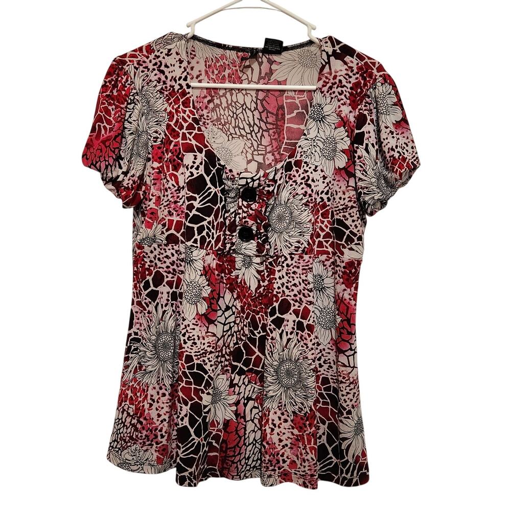 New Directions Red Floral Puff Sleeve Button Front Peasant Blouse Casual Top XL